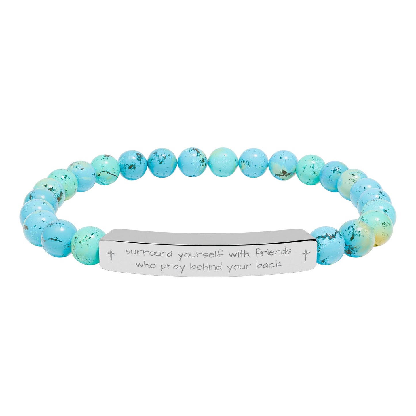 "Surround Yourself with Friends" - Engraved Bar Natural Stone Stretch Bracelet