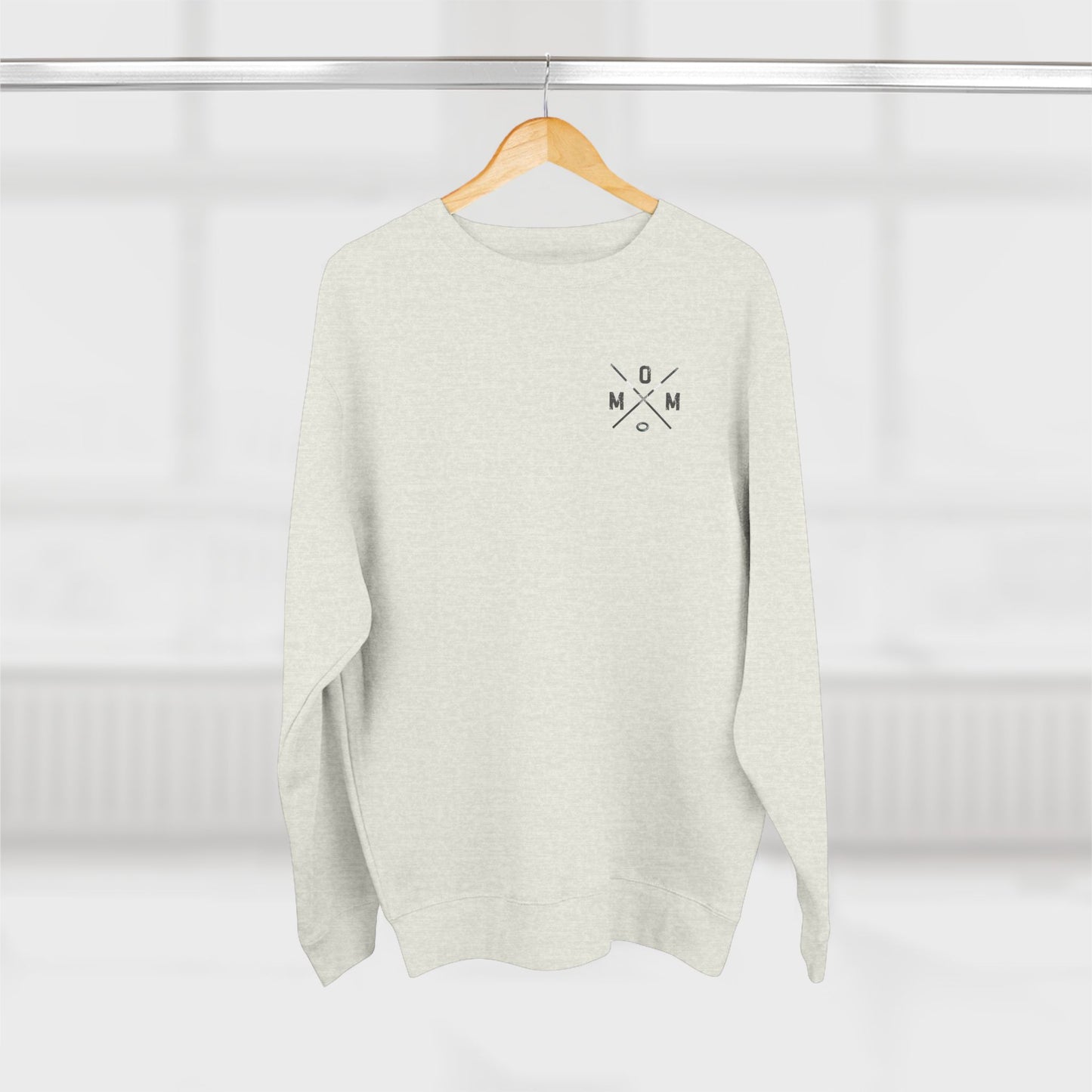 MOM Logo Ringette Crewneck Sweatshirt | Minimalist Crossed Ringette Sticks and Ring Design