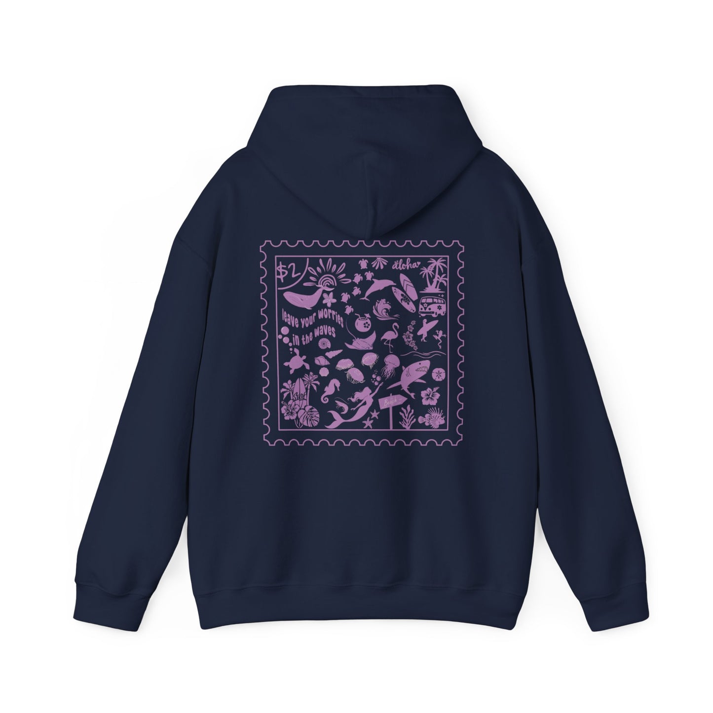 Ocean Surf Stamp Collage Hoodie | Navy and Pink