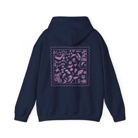 Ocean Surf Stamp Collage Hoodie | Navy and Pink