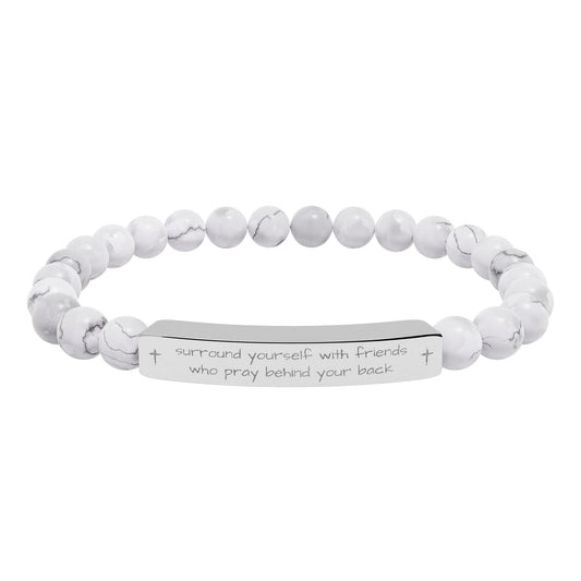 "Surround Yourself with Friends" - Engraved Bar Natural Stone Stretch Bracelet
