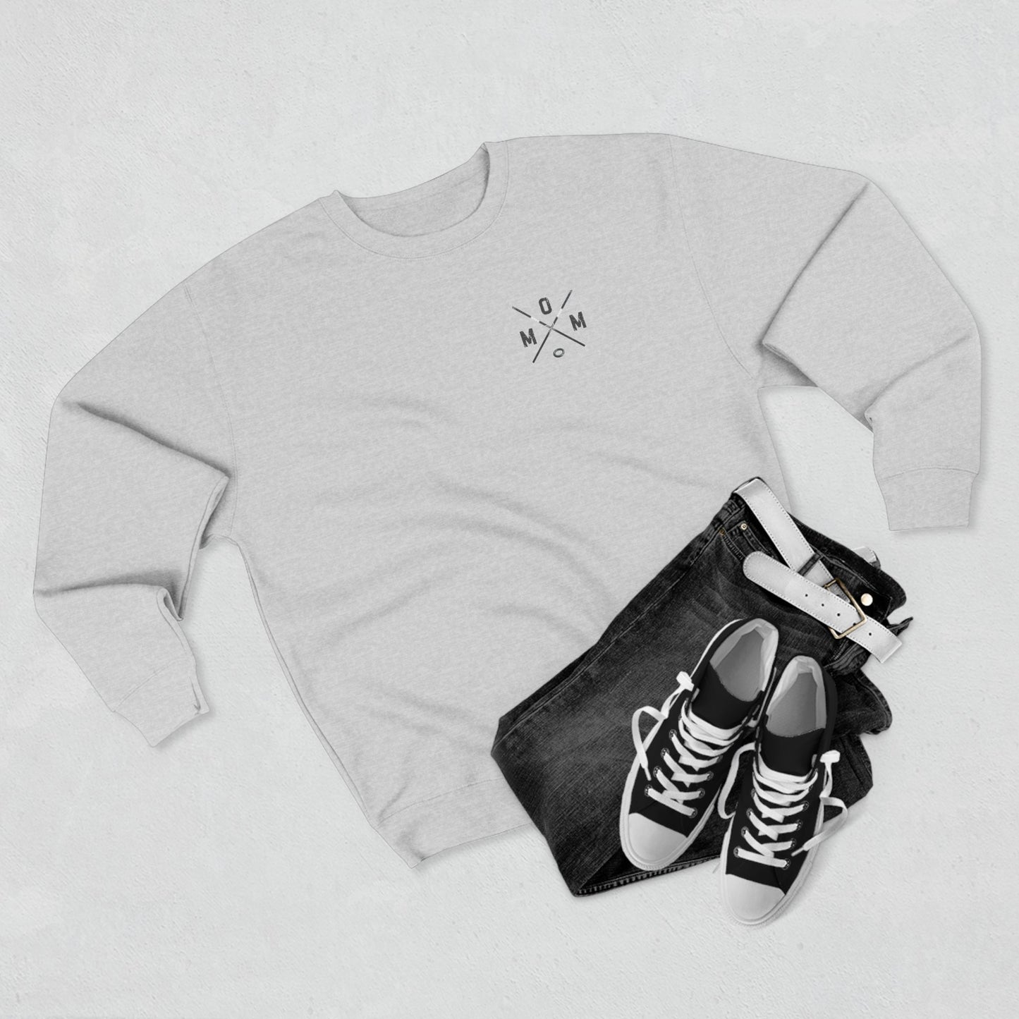 MOM Logo Ringette Crewneck Sweatshirt | Minimalist Crossed Ringette Sticks and Ring Design