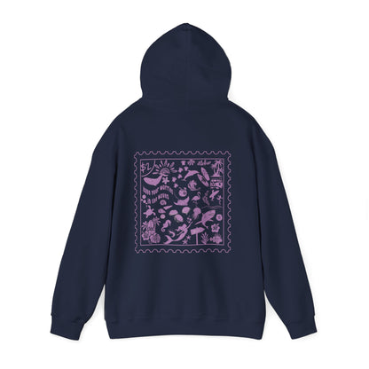 Ocean Surf Stamp Collage Hoodie | Navy and Pink