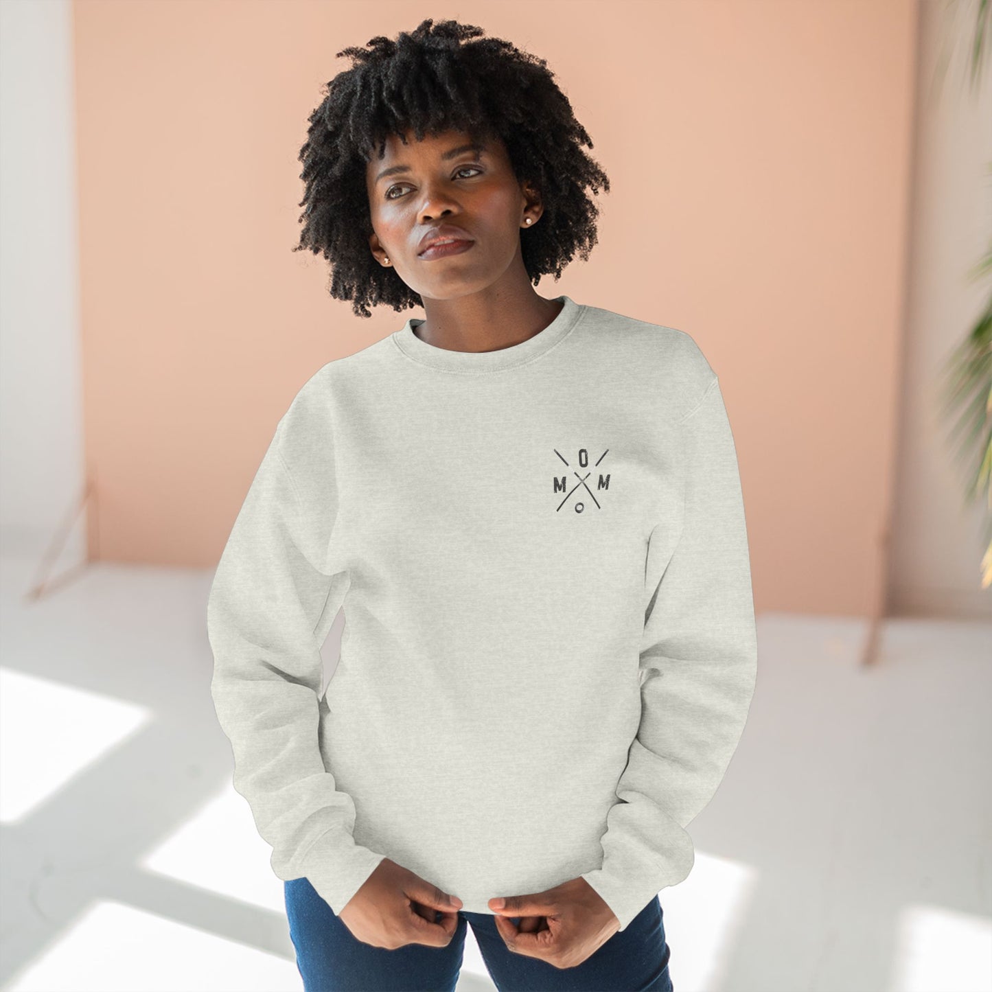 MOM Logo Ringette Crewneck Sweatshirt | Minimalist Crossed Ringette Sticks and Ring Design